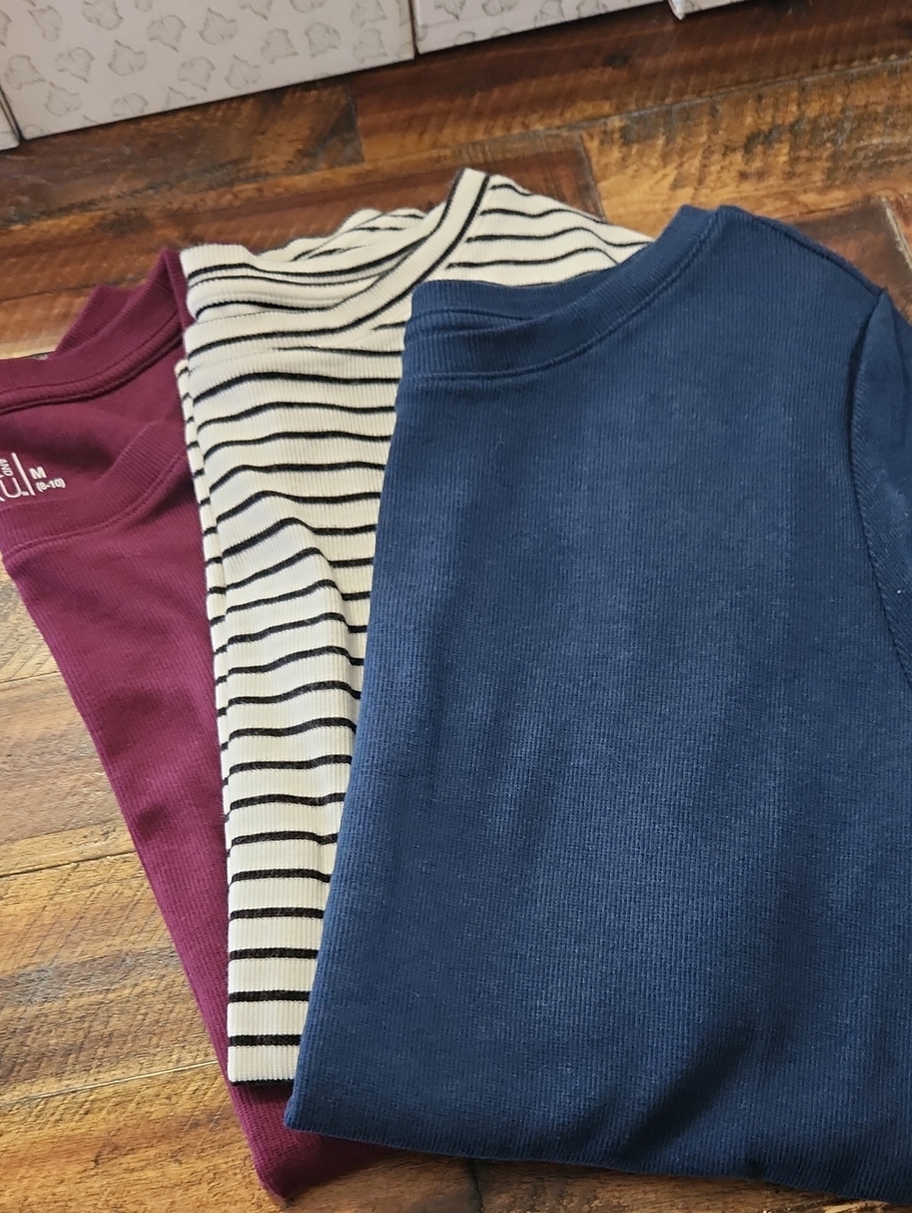 3-Pack Ribbed Crewneck Tops - Navy, Burgundy & Black/White Stripe